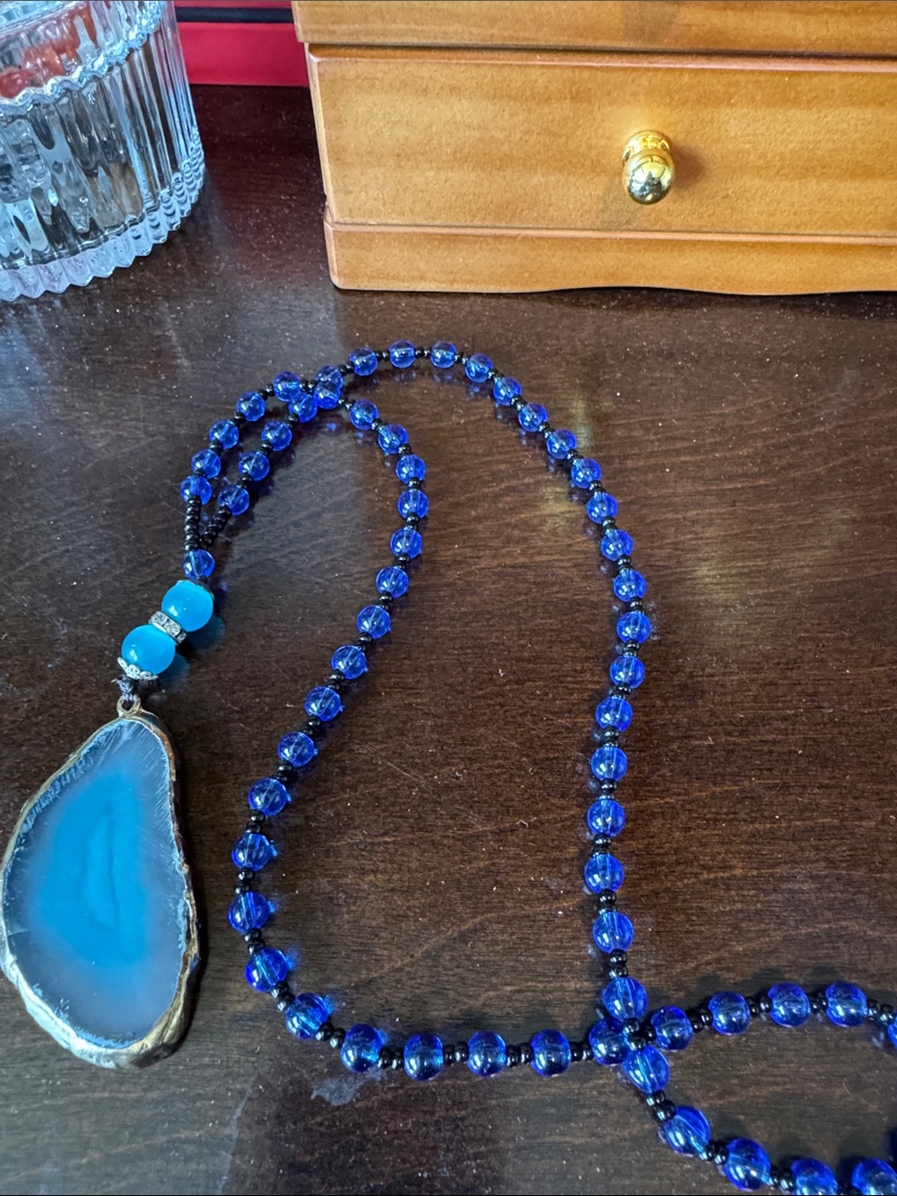 Blue Agate Pendant Beaded Necklace - Women Jewelry
